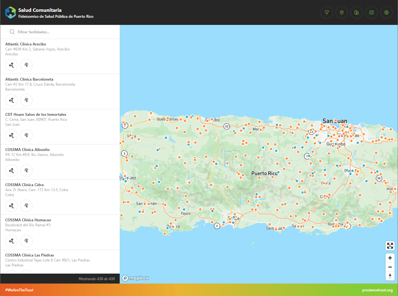 Mapa de refugios y clínicas de salud de Puerto Rico
